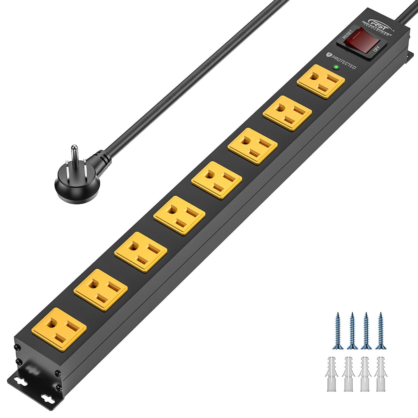 CRST 8 Outlets Mountable Metal Power Strip Surge Protector, 6FT Flat Plug, 2100 Joules, Wide Spaced