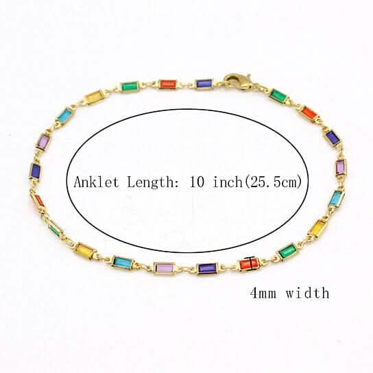 18k Gold Filled High Polish Finish Gold And Multi Color Dark Crystal Baguette Anklet