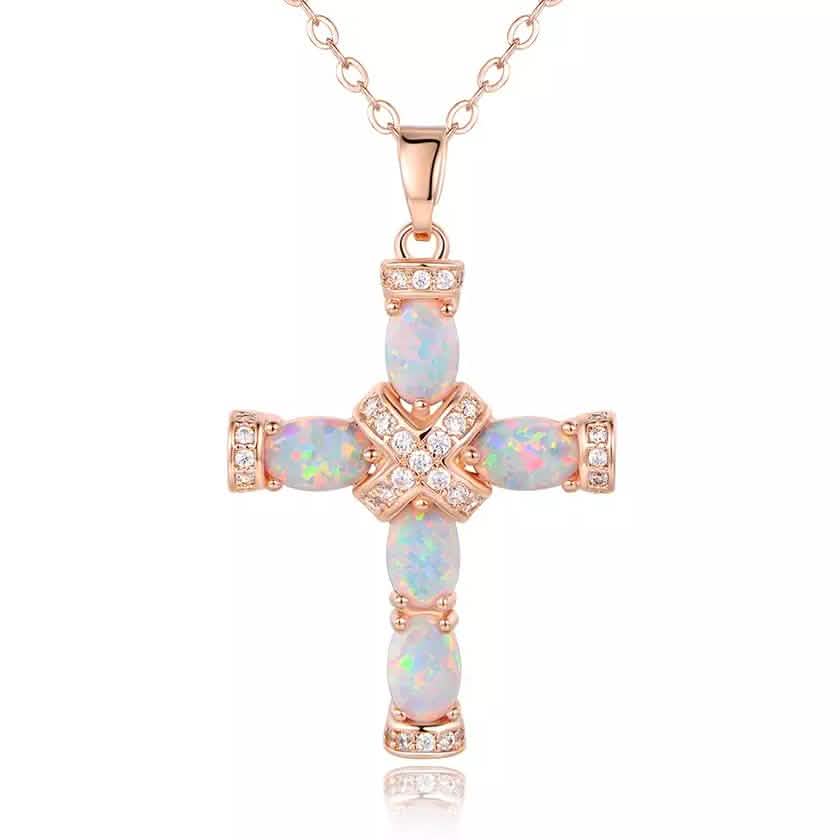 18K Rose Gold Plating & Fire Cross Pendant - Religious Jewelry