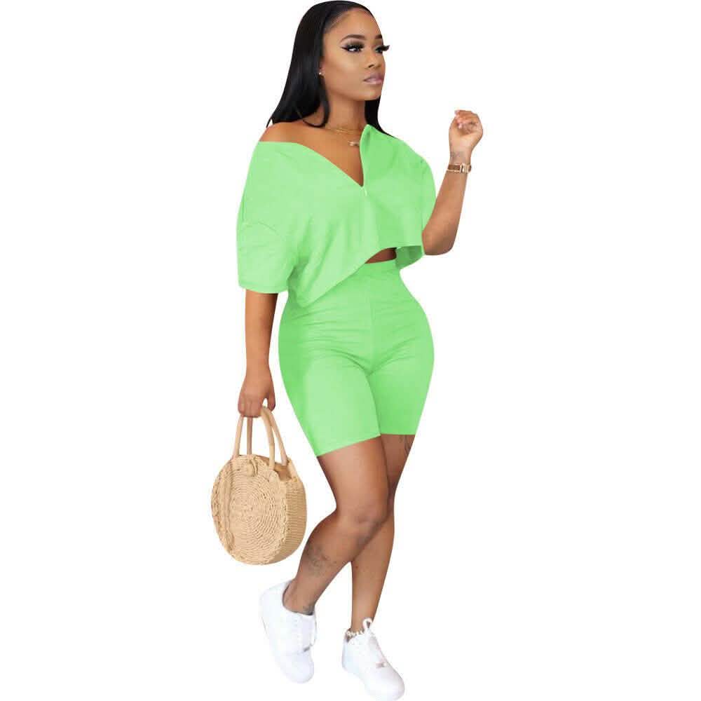 2-Piece Set: Women Solid Color Short Sleeves Zipper Casual Jumpsuit Outfits