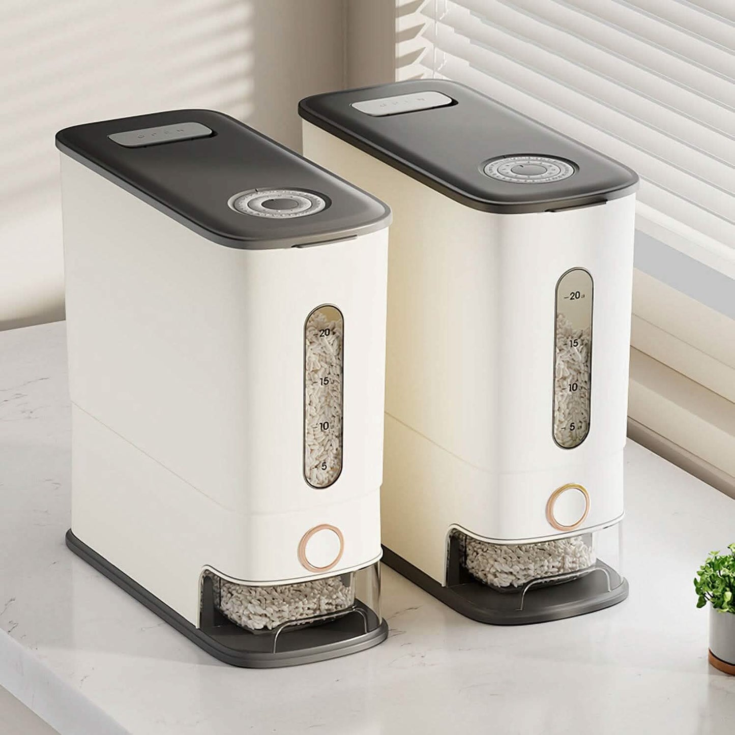 25LBS Vertical Rice Dispenser With Dustproof Lid Large Capacity Grain Storage Container With Measuring Cup Built-In