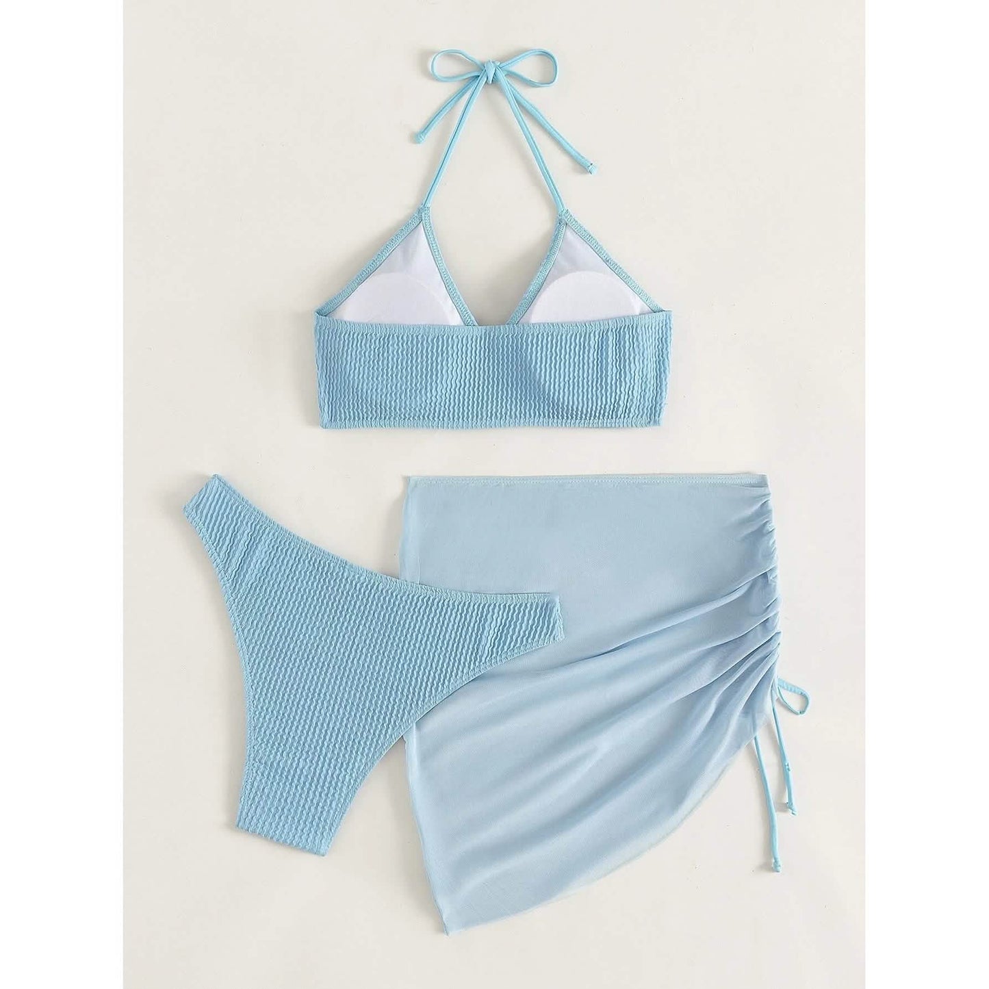 3-Pack: Textured Ring Linked Halter Bikini Swimsuit & Beach Skirt