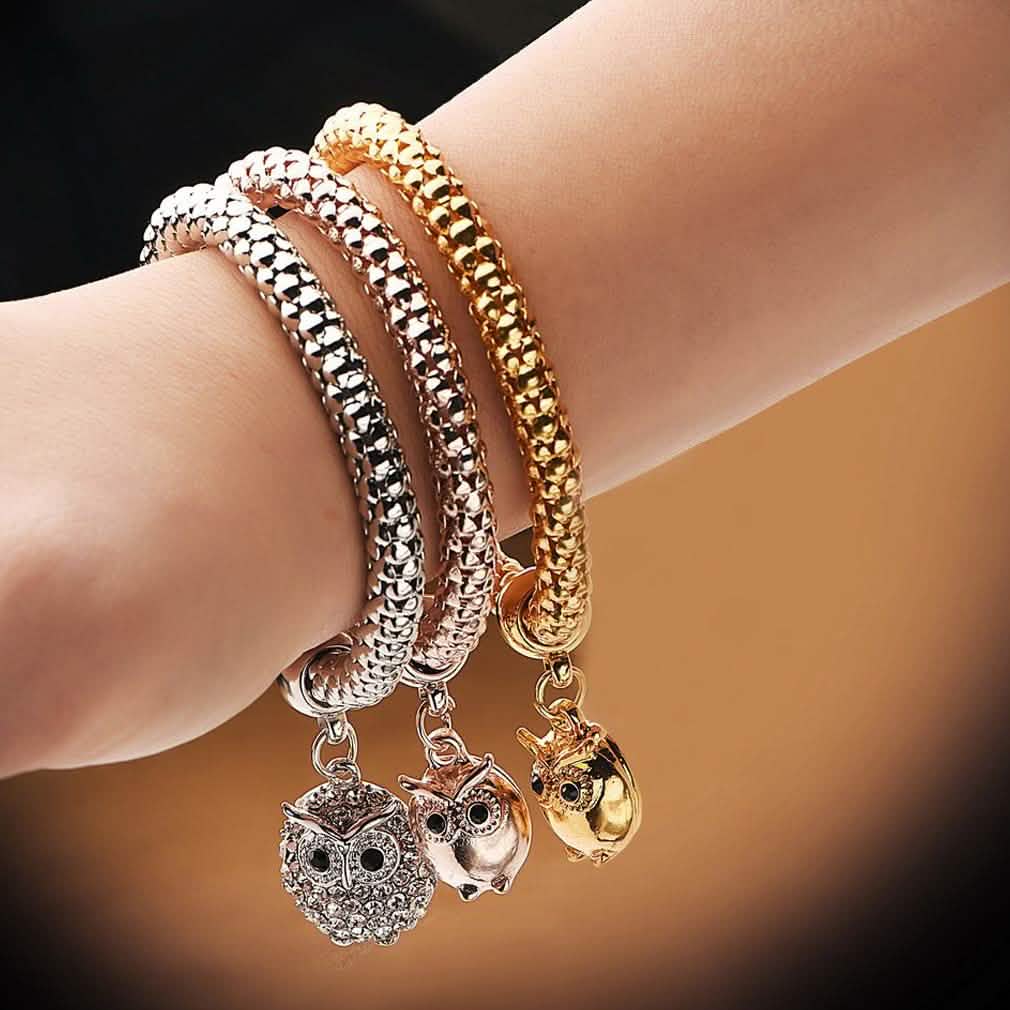 3-Piece: 18K Tri-Tone Owl Charm Stretch Popcorn Bracelet Set