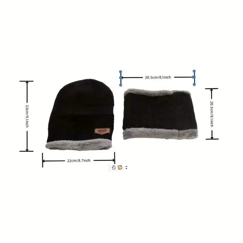 3-Piece Set: Black Knit Hats Warm Beanies Winter Neck Gaiter Elastic Gloves