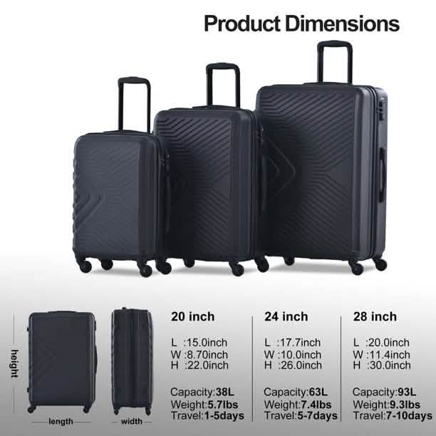 3-Piece Set: Hardshell Lightweight Suitcase with TSA Lock Spinner Wheels
