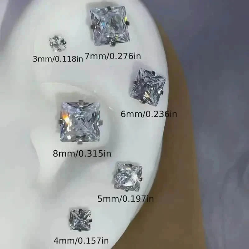 316 Stainless Steel Square Stud Earrings with Cubic Zirconia Accents