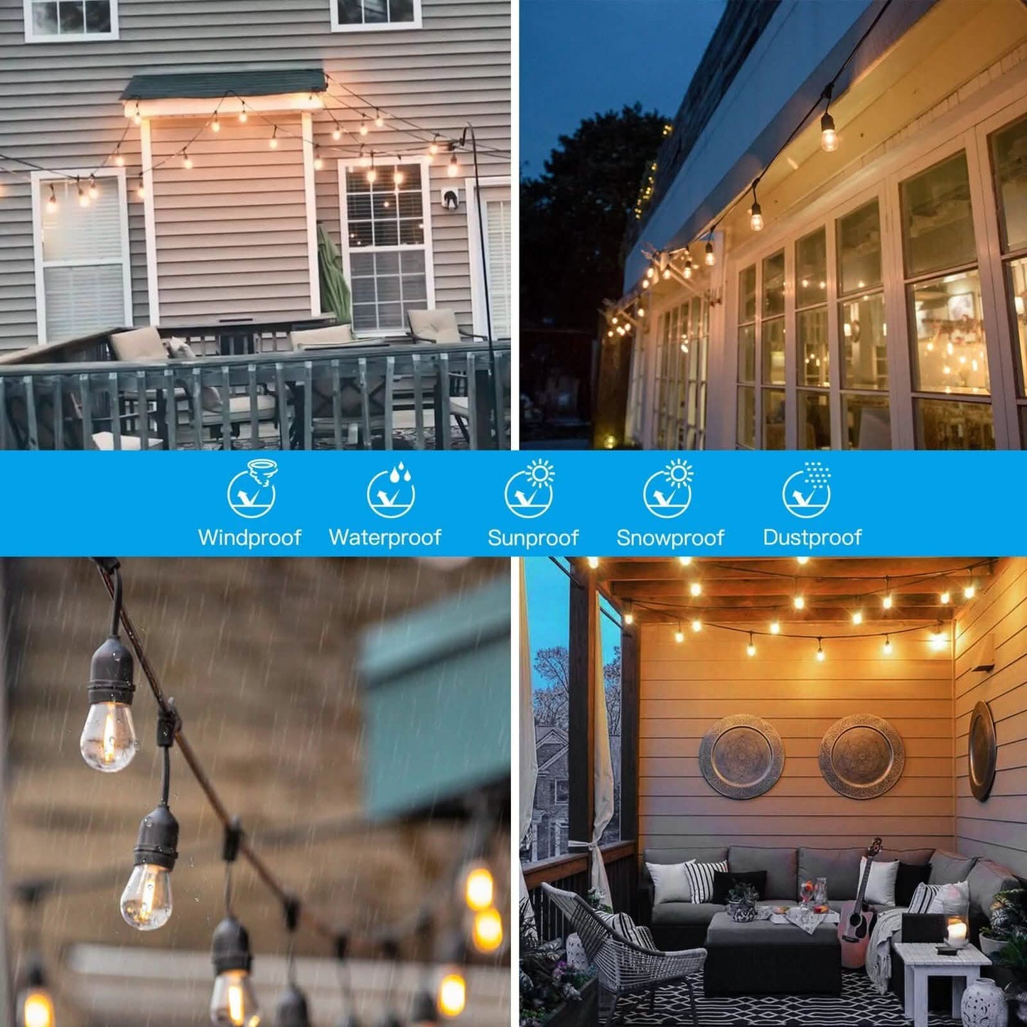 48 Ft. LED String Lights Outdoor Commercial Grade Waterproof Bulbs