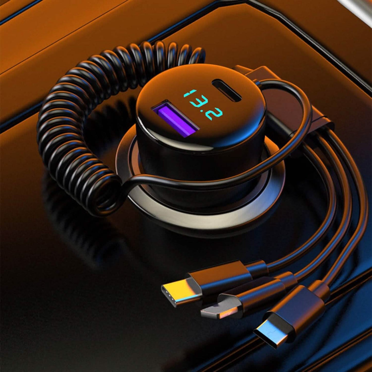 5-in-1 Fast Charge Car Charger QC PD USB Type C LT 5 Port with 4ft Coiled Cable