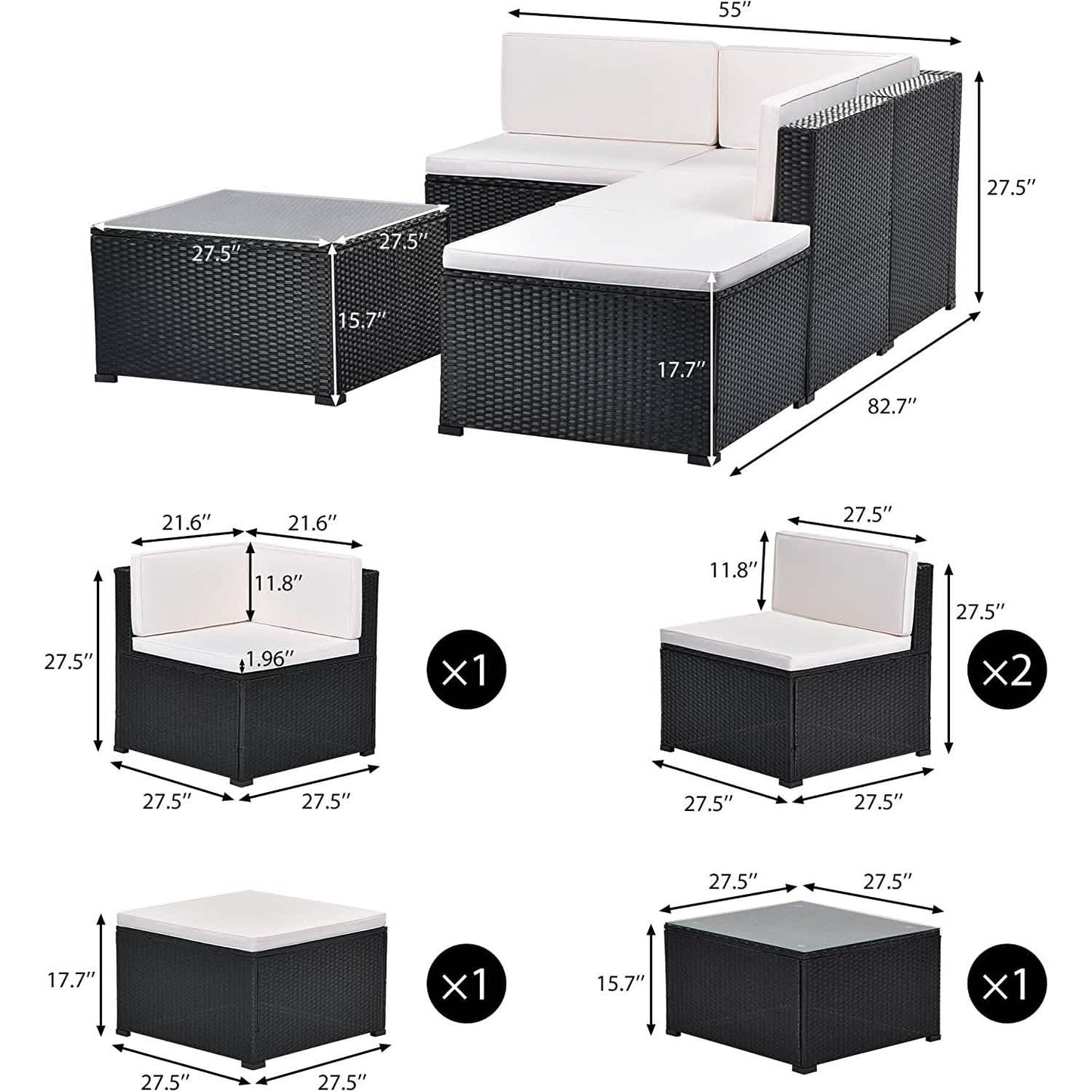 5-Piece: Patio Rattan PE Wicker Furniture Corner Sofa Set