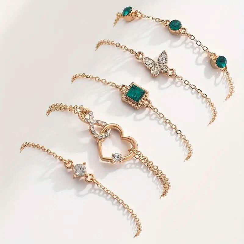 5-Pieces: Love Full Throw Diamond Shining Infinite Symbol Geometry Green Rhinestone Bracelet Set