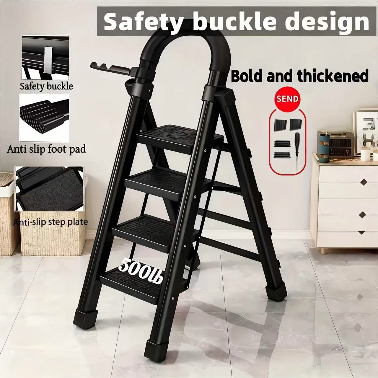 Folding 3/4-Step Ladder – Portable Steel Step Stool, Anti-Slip