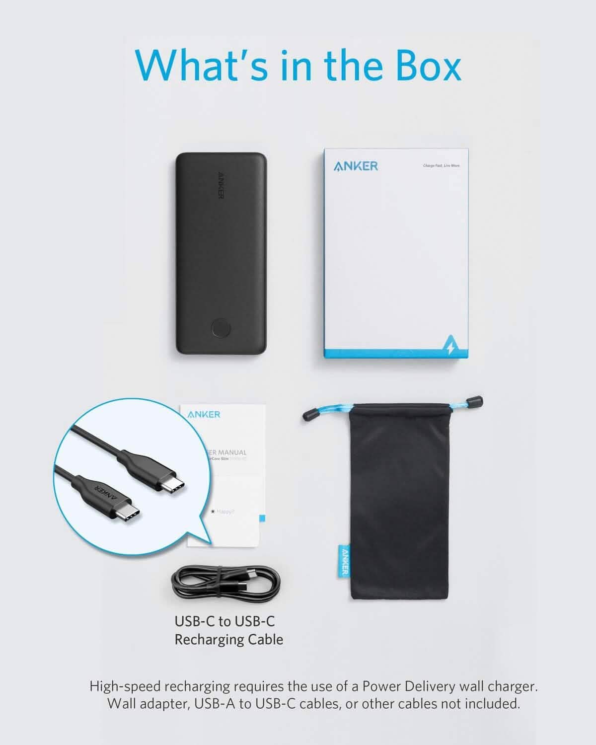 Anker USB-C Portable Charger, 18W PowerCore Slim 10000 PD, 10000mAh Power Delivery Power Bank (Refurbished)