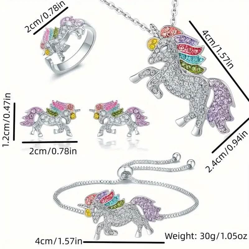 Colorful Cartoon-Themed Unicorn Earrings, Necklace, Ring & Bracelet Jewelry Set