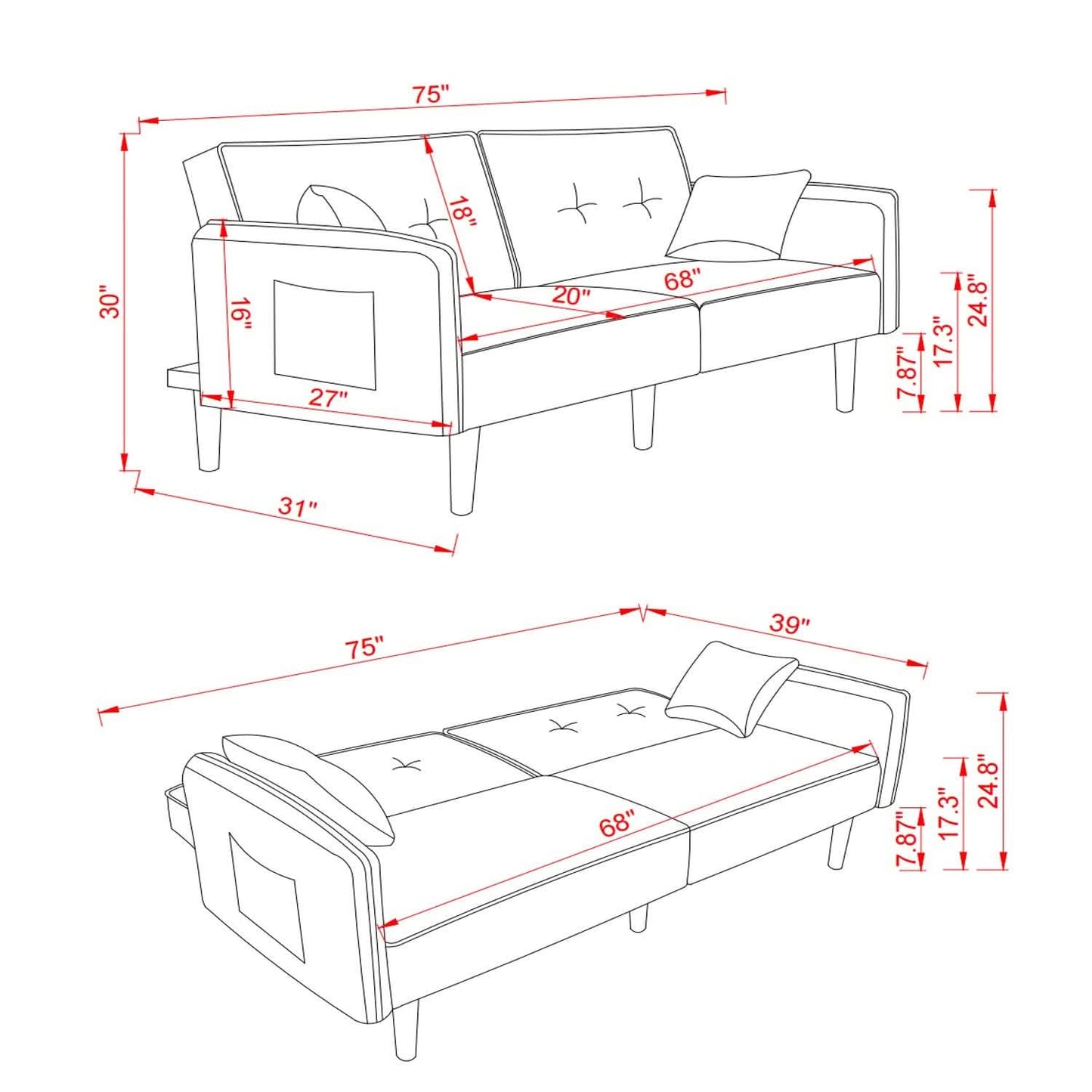 Convertible Futon Sofa Bed with 2 Pillows
