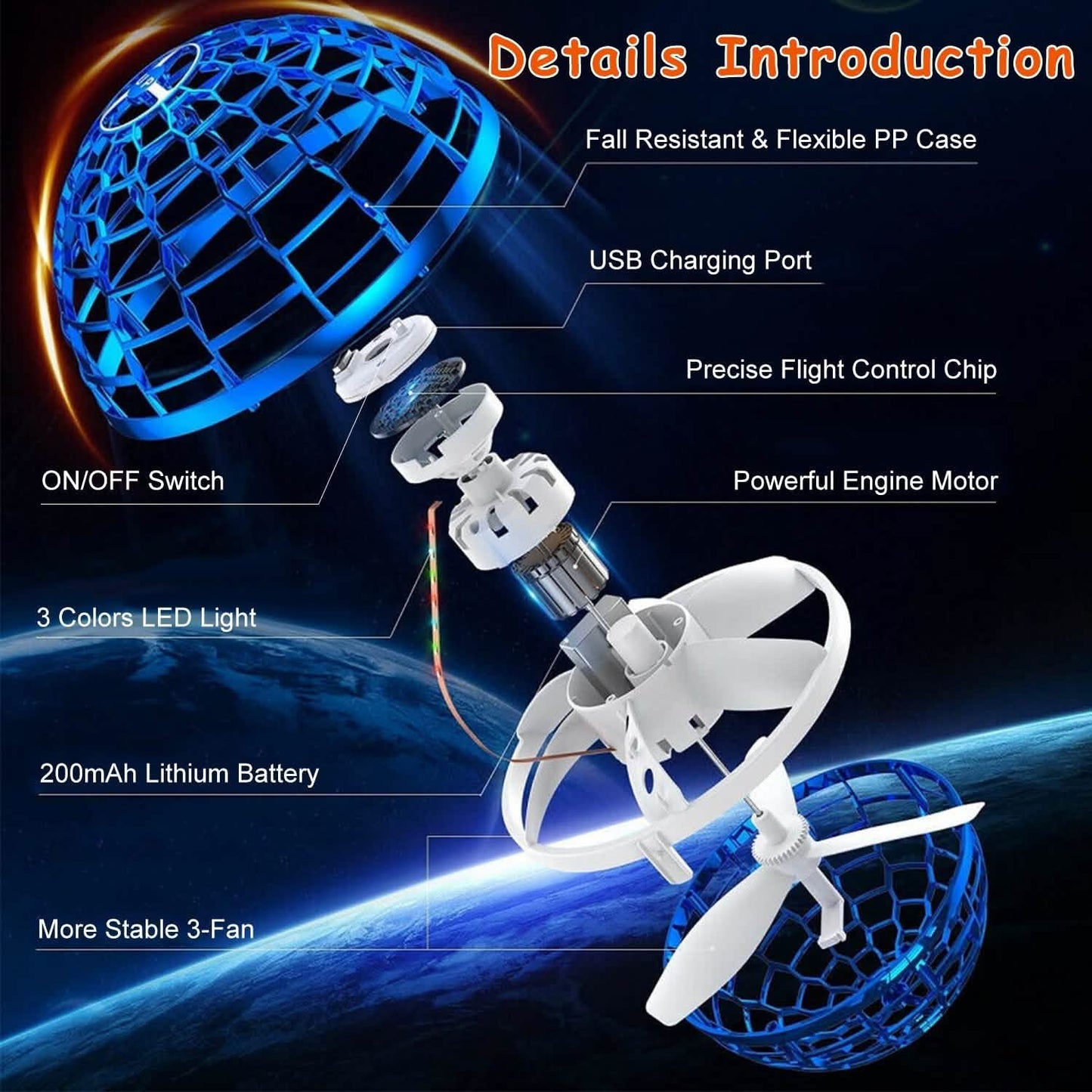 Flying Ball Toys 360° Rotating Hand Controlled Flying Orb Hover Ball with RGB Lights