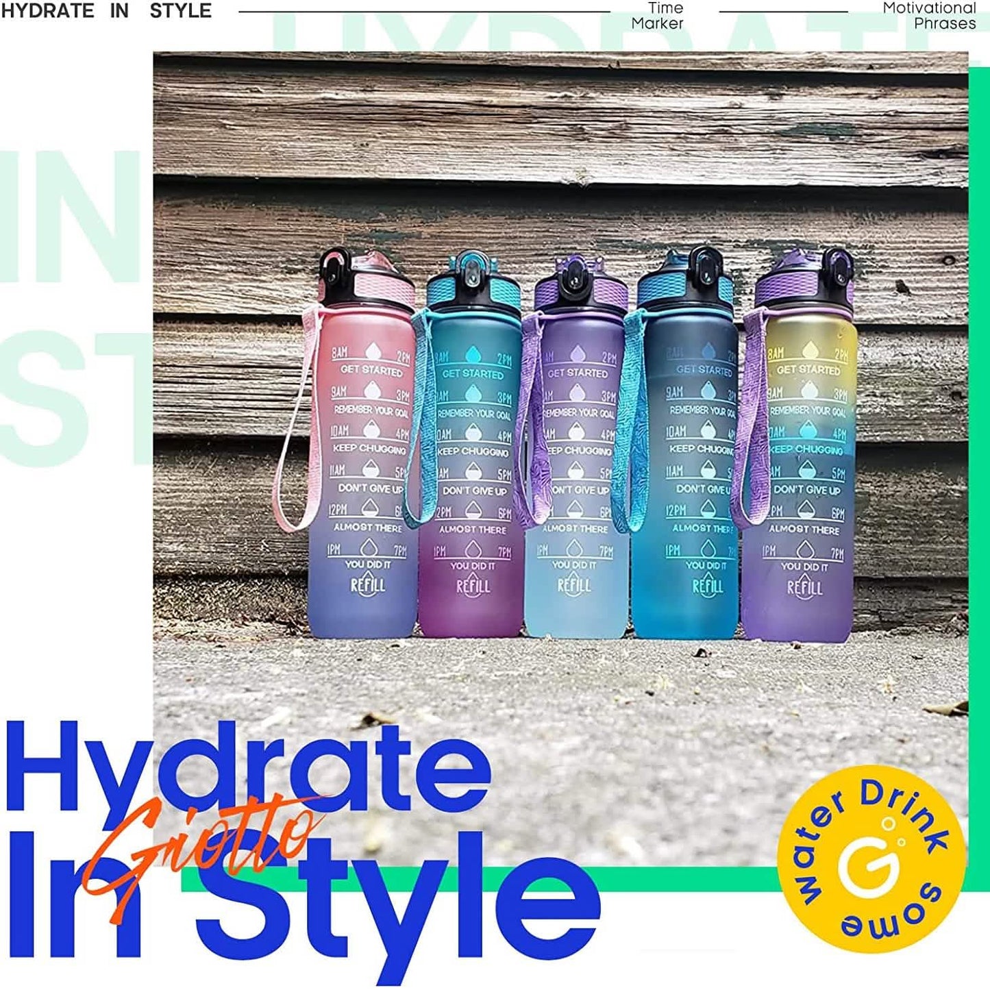 Giotto 32oz Leakproof BPA Free Drinking Water Bottle with Time Marker & Straw