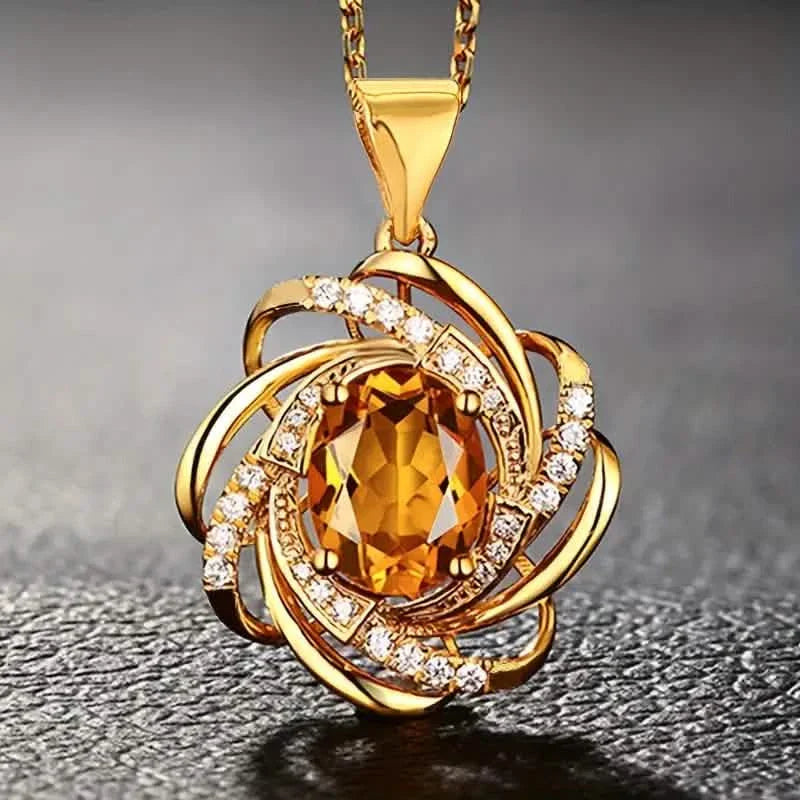 Glass Faux Gemstone Elegant Spiral Flower Pendant Necklace