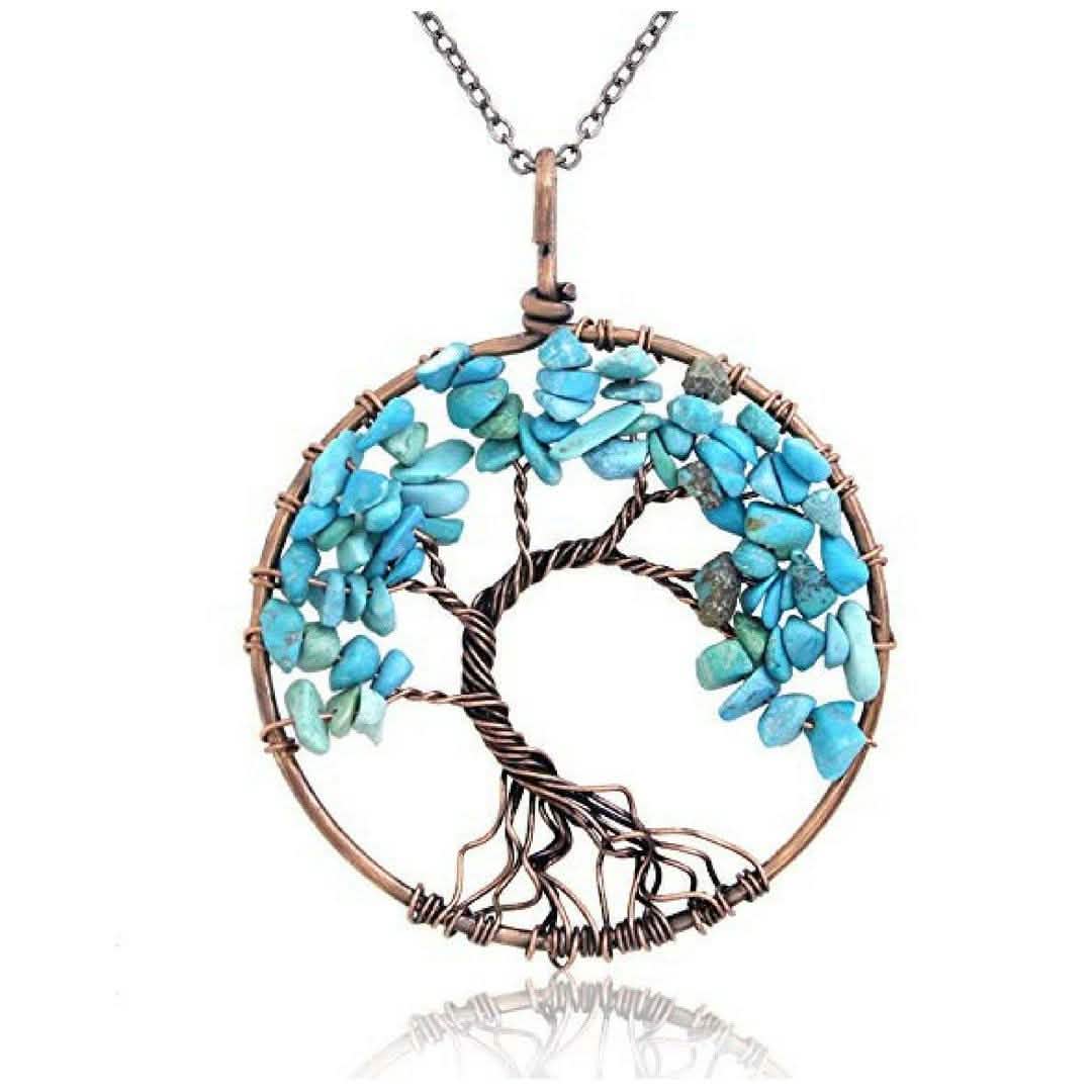 Handmade Genuine Gemstone Chakra Tree of Life Pendant Necklace
