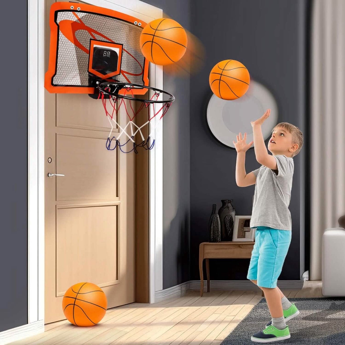 Indoor Mini Basketball Hoop Set with 4 Inflatable Balls Electric Audio Scorer