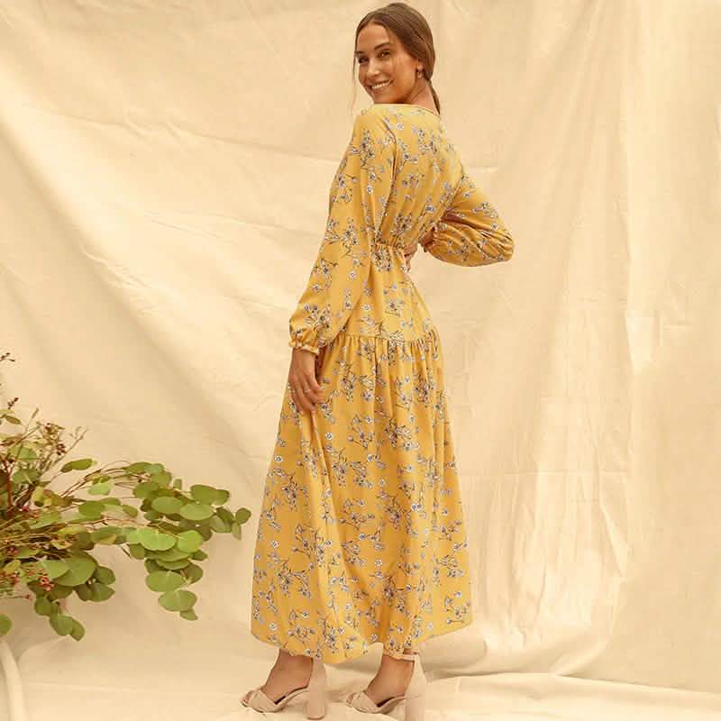 Long Sleeve Fashion Casual High Waist Maxi Dress Slim Floral Print V Neck