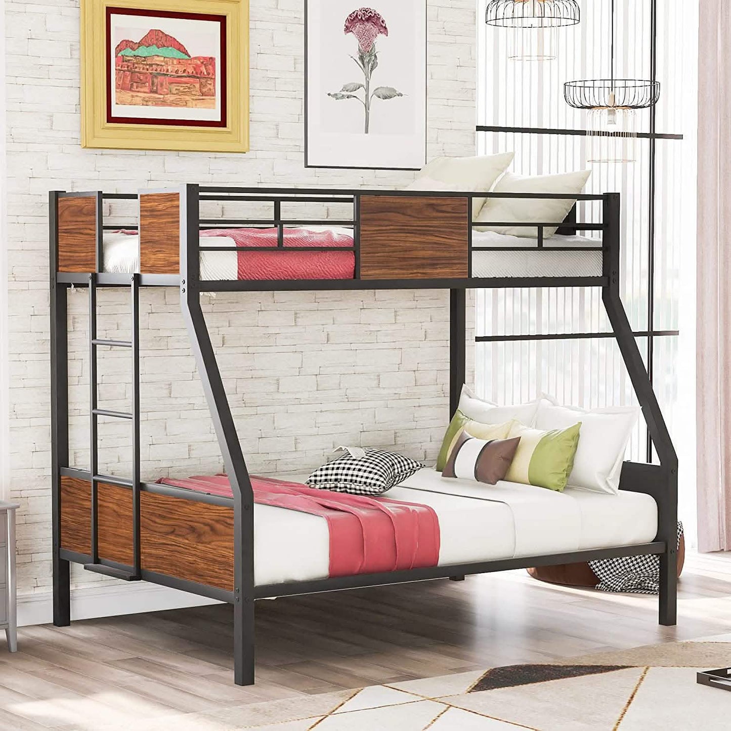 Metal Bunk Bed with Safety Railing Ladder