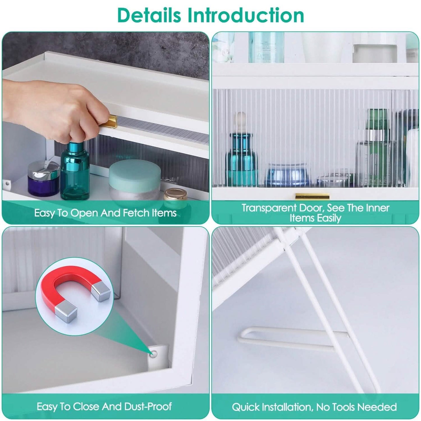 Over the Toilet Storage Cabinet with Dust-Proof Transparent Magnetic Door Side Opening