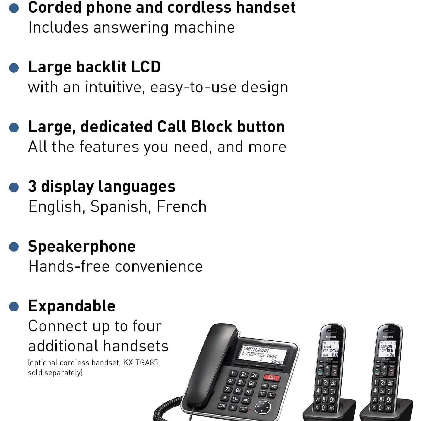 Panasonic Expandable Corded/Cordless Phone System with Answering Machine and One Touch Call Blocking – 2 Handsets (Refurbished)