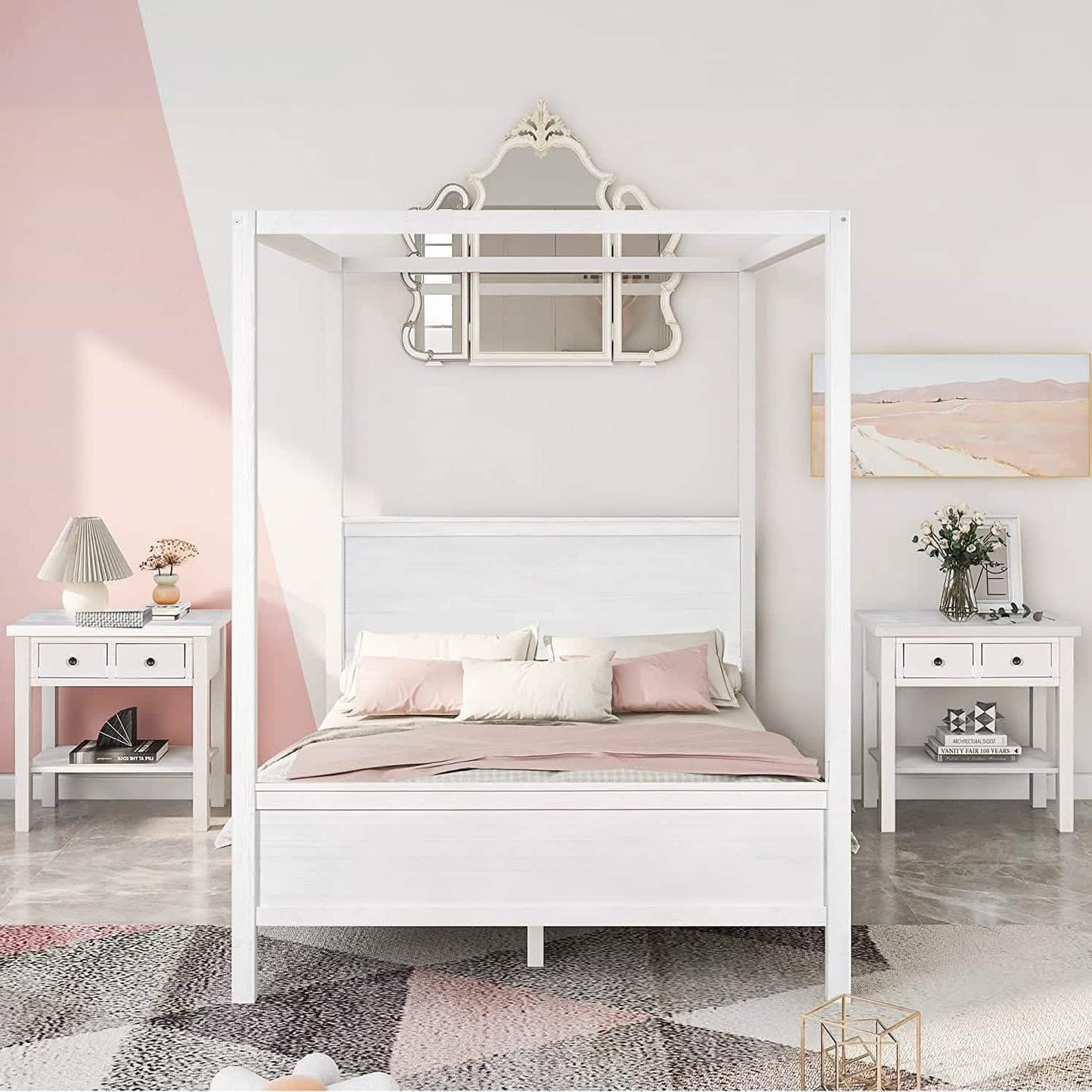 Queen Size Canopy Bed with 2 Nightstands