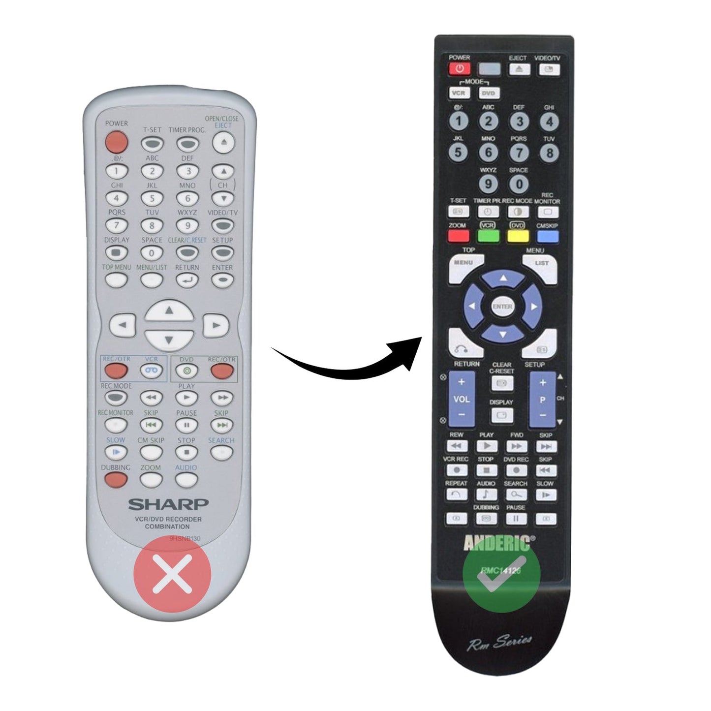 Anderic RMC14126 Replacement DVD/VCR Recorder Remote Control for Sharp, Sylvania, Emerson, and Symphonic | 9HSNB130UD 9HSNB114