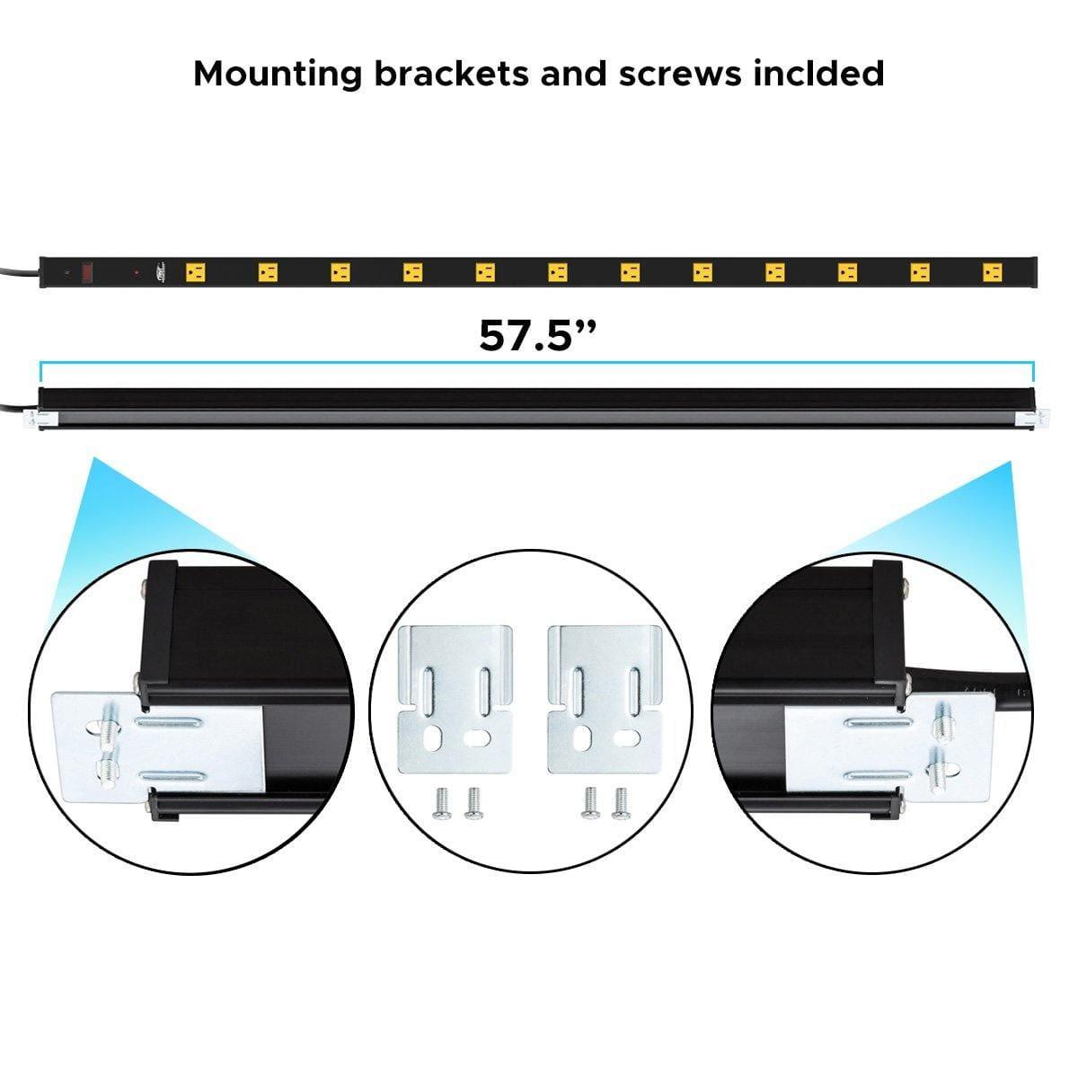 Wide Spaced 12 Outlets Mountable Metal Power Strip Surge Protector, 15FT Power Cord, Mounting Brackets Included