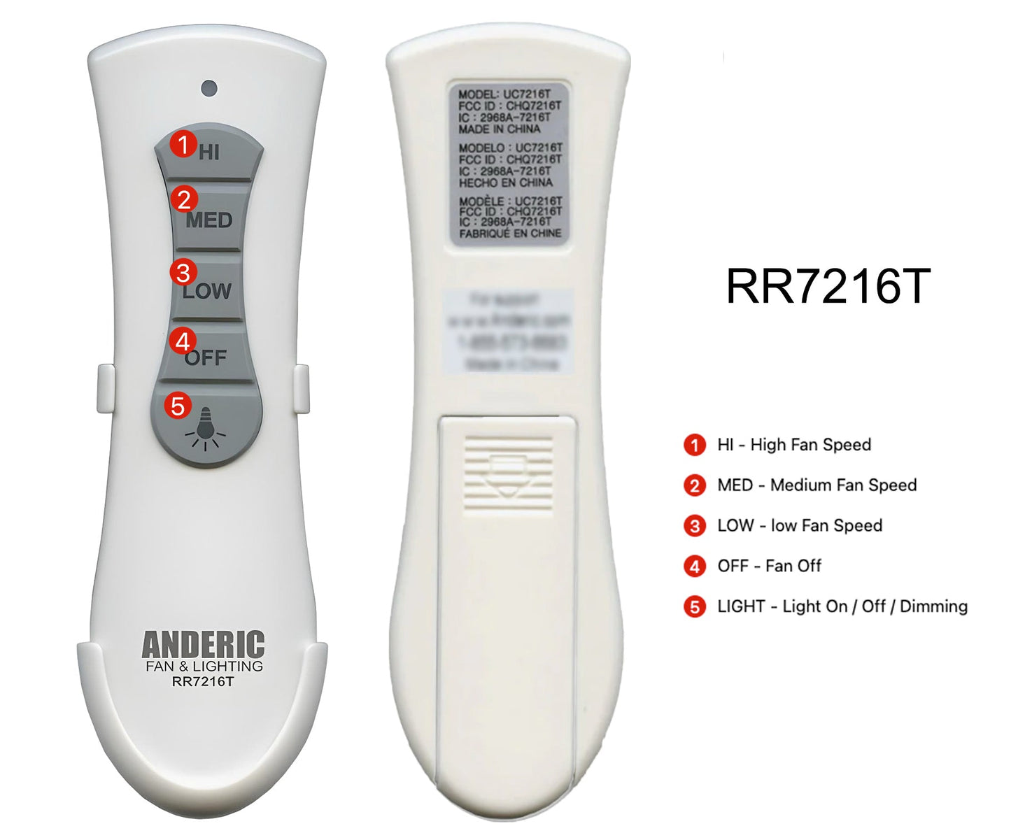 Anderic RR7216T Ceiling Fan Remote Control for UC7216T, CHQ7216T | RF | 4-DIP Pairing | 304 MHz