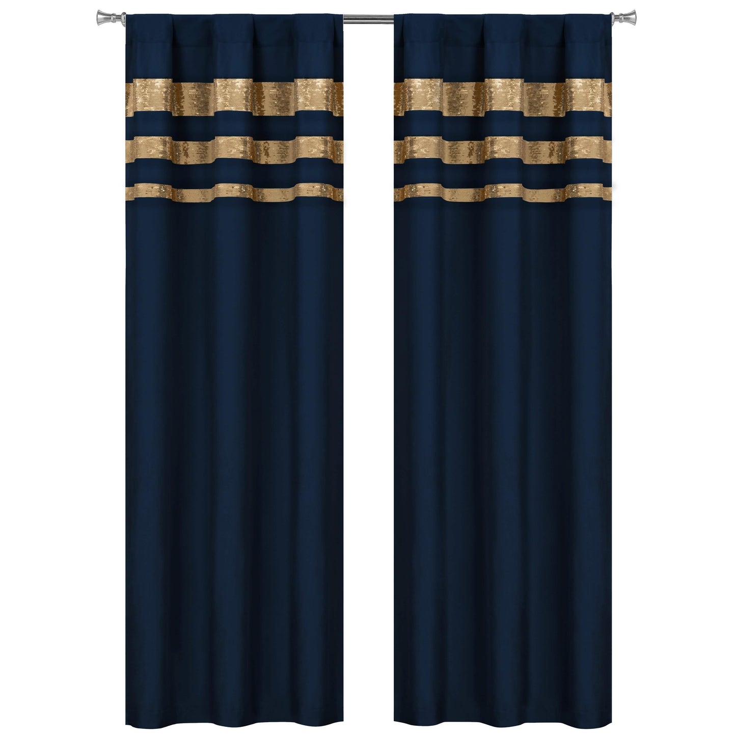 Set of 2: Velvet Metallic Stripe Border Blackout Window Curtain Pair Panel