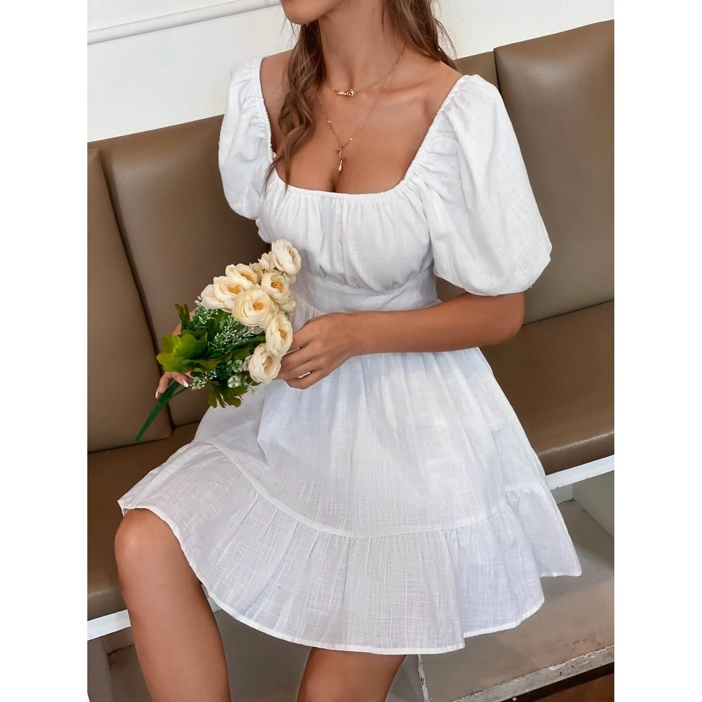 Solid Tie Back Flounce Hem Dress