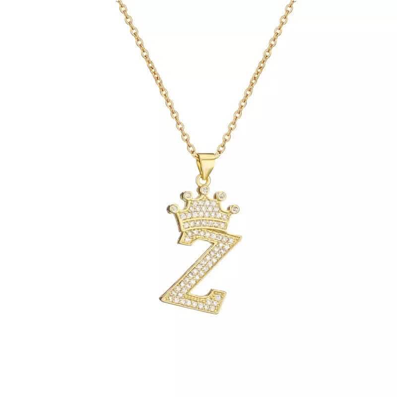 Stainless Steel Gold Overlay Hip Hop Crown A-Z Letters Necklace for Men and Women