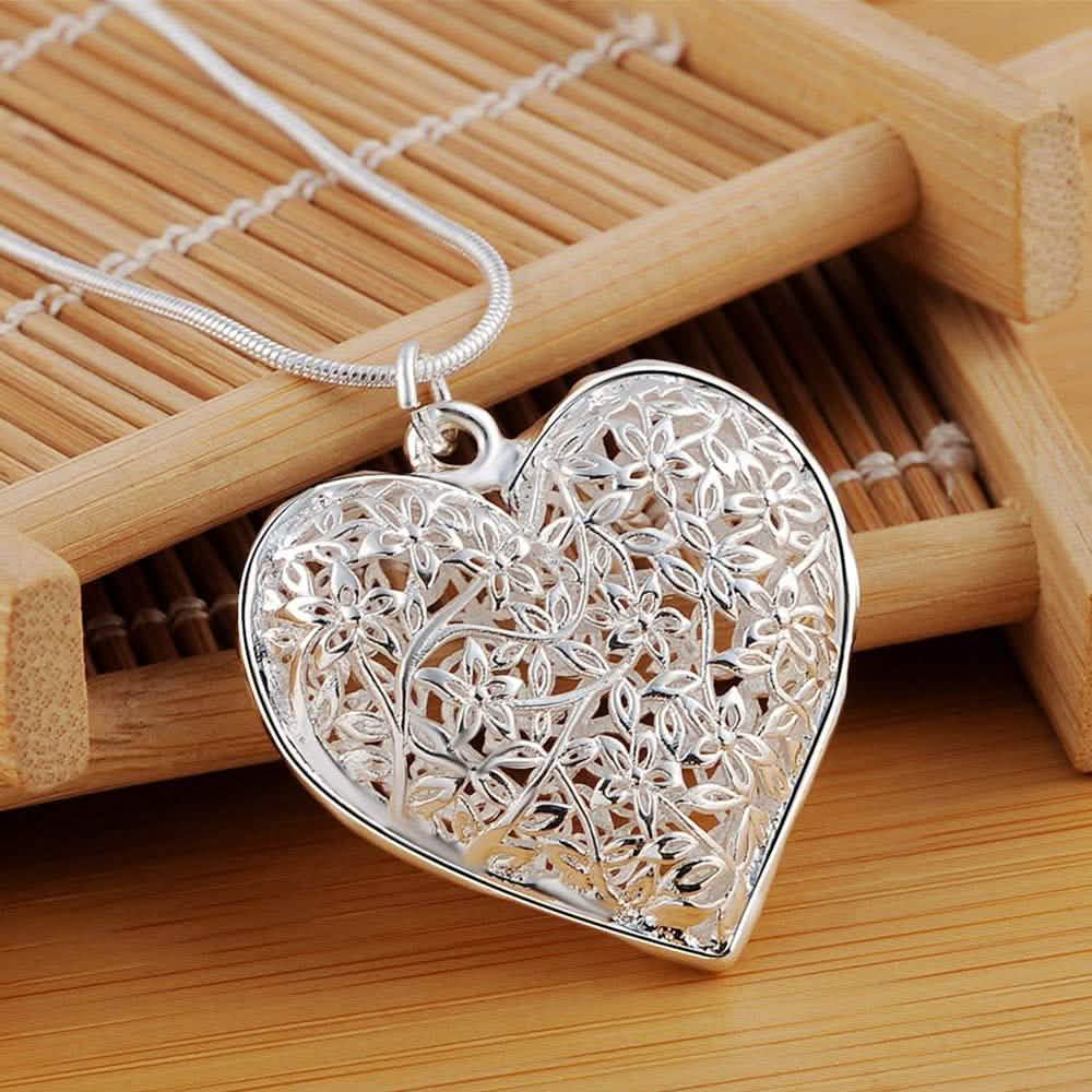 Sterling Silver Filigree Puffed Heart Necklace