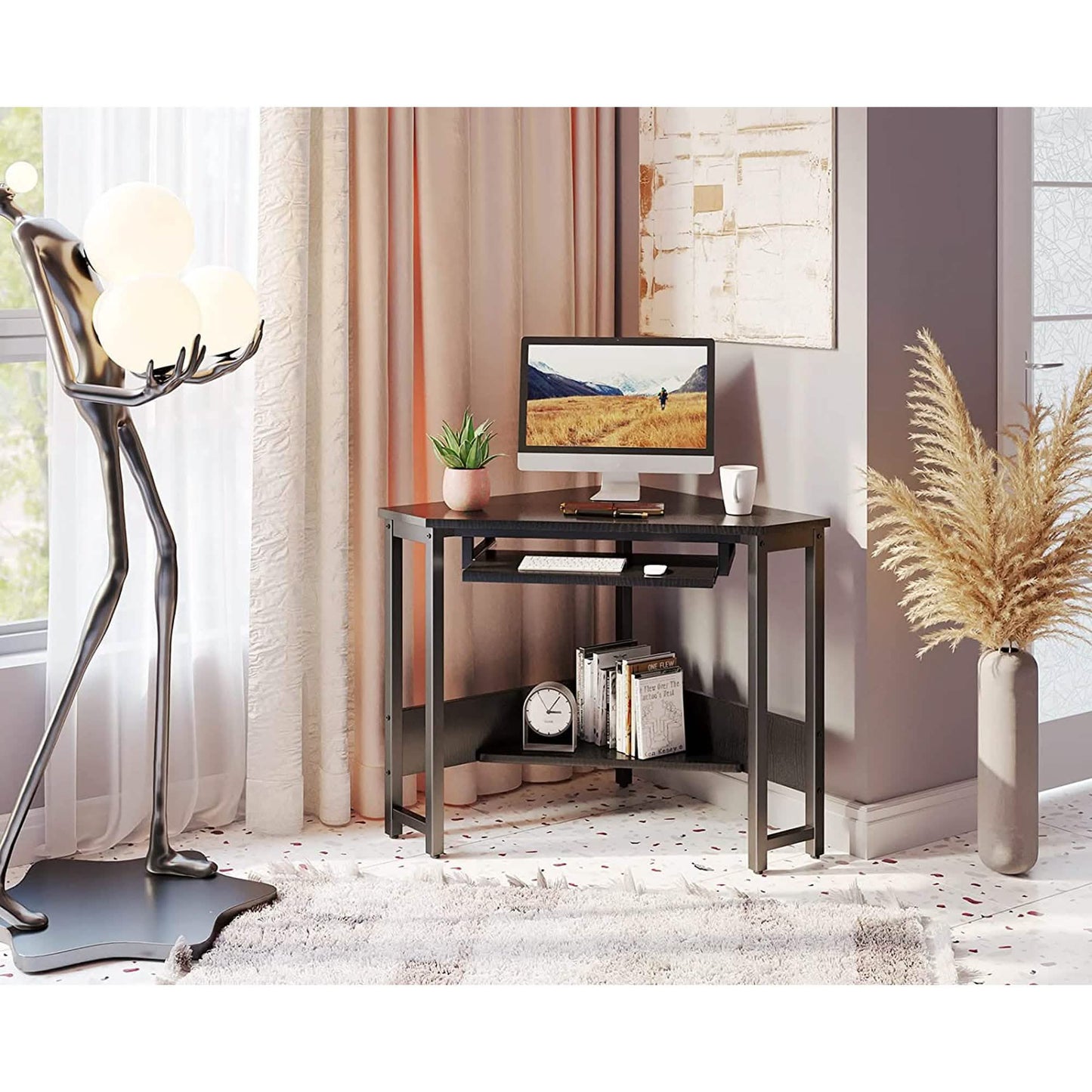 Triangle Computer Desk, Smooth Keyboard Tray& Storage Shelves