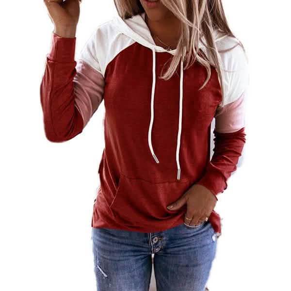 Winter Women’s Fashion Casual Sweatshirts Long Sleeve Hooded Pullover Loose Block Color Pockets Sweatshirts