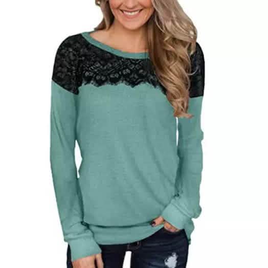 Women Fashion Black Lace Top Long Sleeve Elegant Casual Sweatshirt Blouse