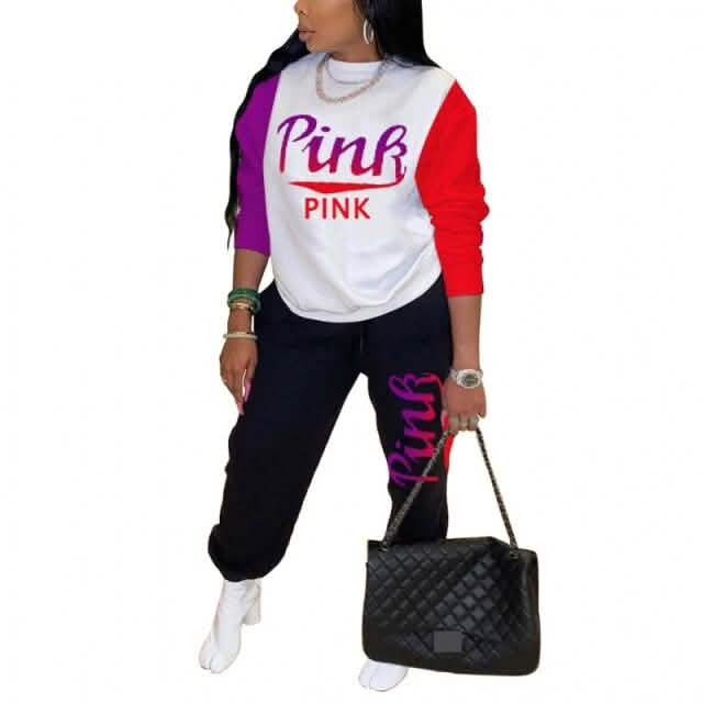 Women Pink Letter Print Long Sleeve Top and Pants Spring Streetwear