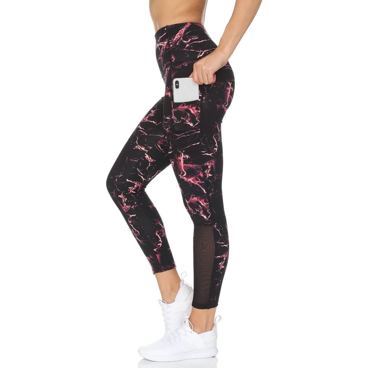 Women's 7/8 Highwaist Marble Leggings with Sheer Mesh Panel and Pockets