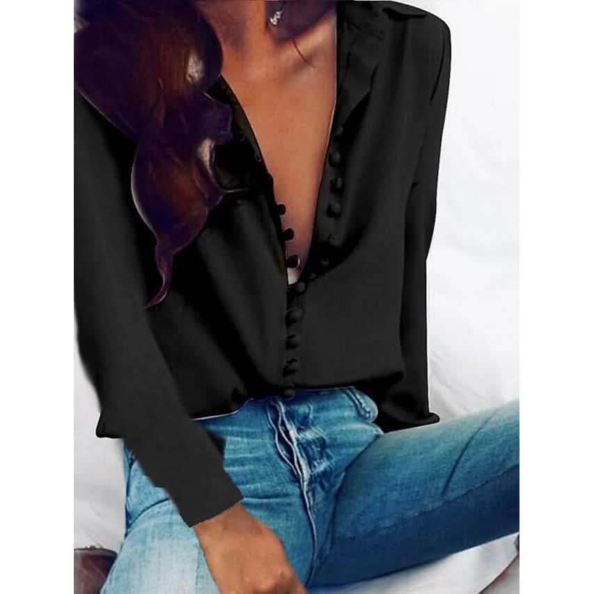 Women's Blouse Shirt Solid Colored Long Sleeve Button V Neck Basic Tops