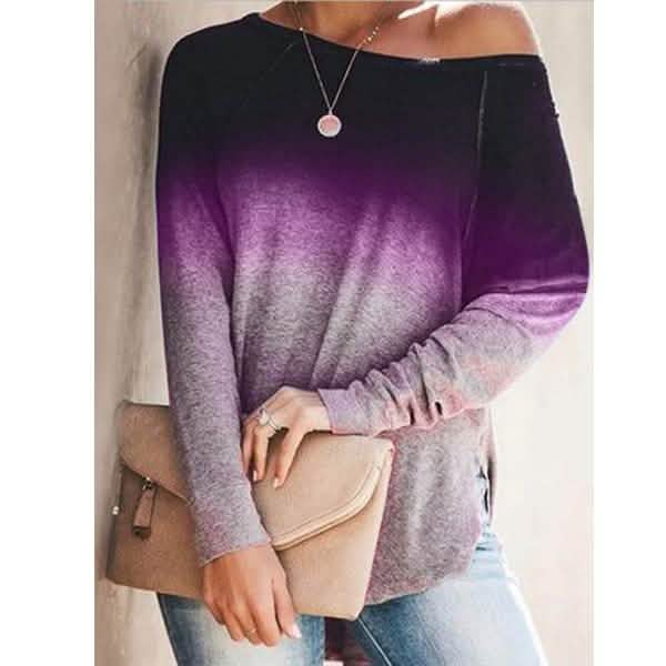 Womens Gradient Color O-neck Long Sleeves