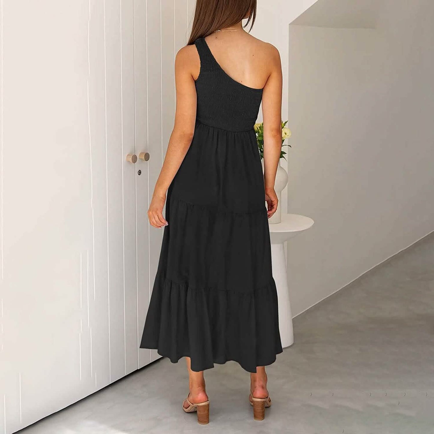 Womens One Shoulder Sleeveless Smocked Ruffle Tiered Beach Long Midi Dress