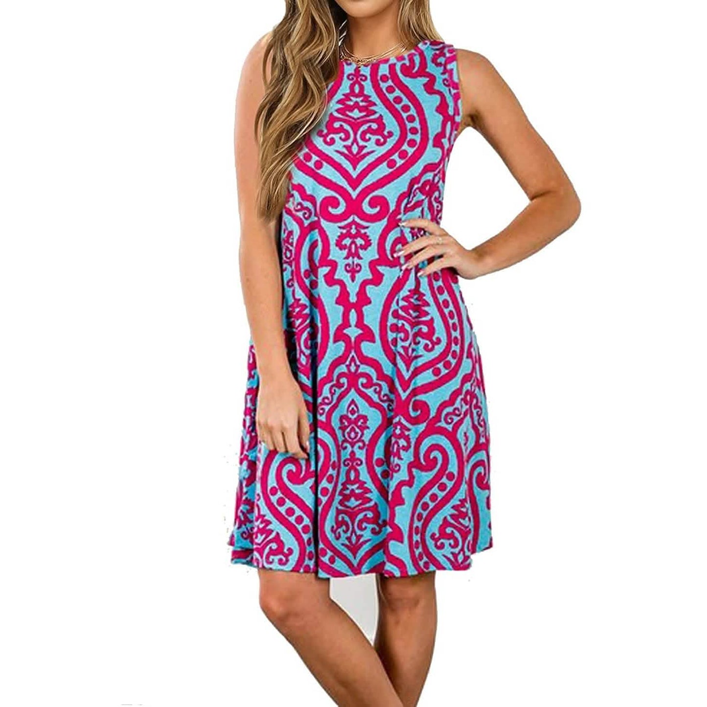Women's Summer Sleeveless Damask Print Pocket Loose T-Shirt Cover Up Dress