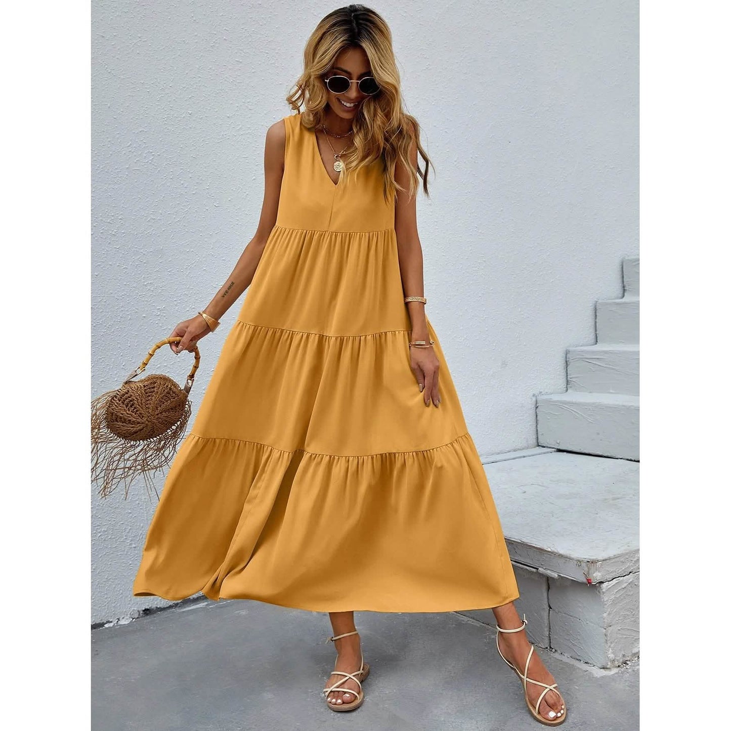 Women's V-neck Ruffle Hem Solid Dress