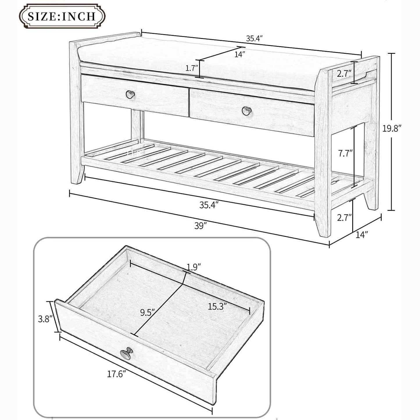 Wood Storage Bench with 2 Drawer Shoe Rack