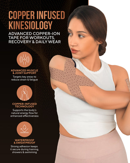 Copper Infused Kinesiology Tape (Tan) – 2 Rolls (40 Precut Strips)
