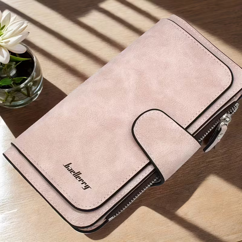 Vintage Faux Leather Long Wallet – Trifold Credit Card Holder with Snap & Zipper