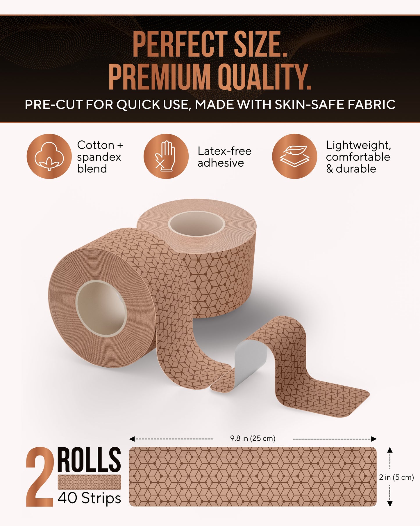 Copper Infused Kinesiology Tape (Tan) – 2 Rolls (40 Precut Strips)