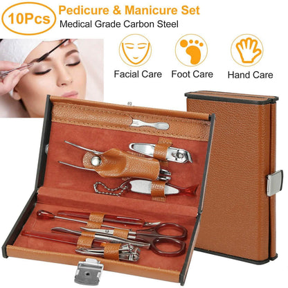 10-Piece: Pedicure, Manicure and Grooming Kit with Leather Case